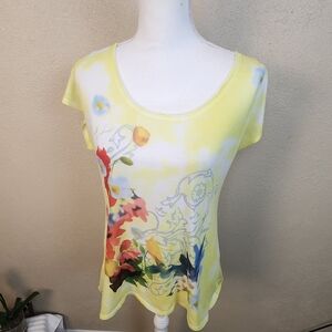 Seven7 Yellow Abstract Floral Short Sleeve Tee Large (5874)